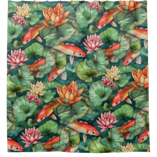 Waterverf Koi en Water Lelies Douchegordijn (Voorkant)