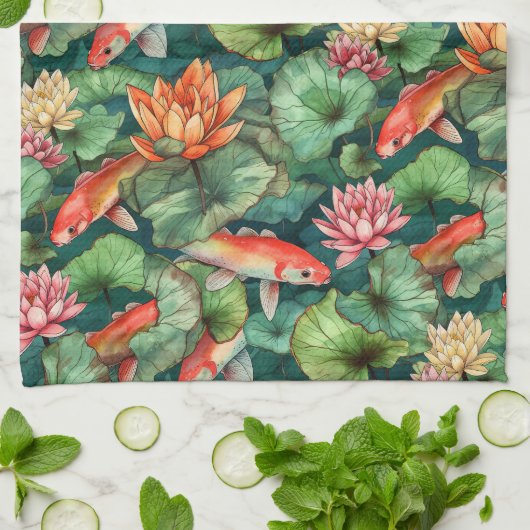 Waterverf Koi en Water Lilies Keukenhanddoek (Gevouwen)
