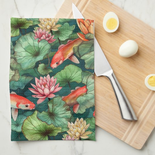 Waterverf Koi en Water Lilies Keukenhanddoek (Quarter Fold)