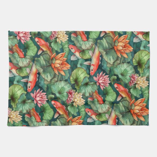 Waterverf Koi en Water Lilies Keukenhanddoek (Horizontaal)