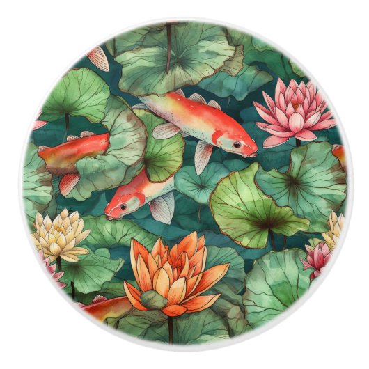 Waterverf Koi en Waterlelies Keramische knop (Voorkant)