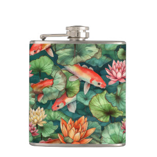 Waterverf Koi en waterlilies Heupkolf Heupfles