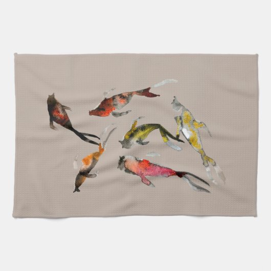 Waterverf koi vis rood bruin goud theedoek (Horizontaal)