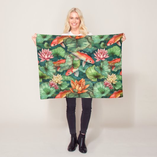 Waterverf Koi & Water Lilies Fleece Deken (In situ)