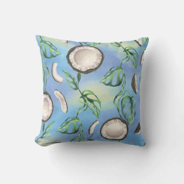 Waterverf Kokosnoot en Monstera Bladpatroon Kussen (Voorkant)