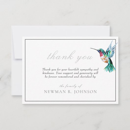 Waterverf kolibrie begrafenis gedenkteken dank u bedankkaart (Voorkant)