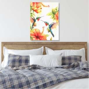 Waterverf kolibrie en bloemen ontwerp canvas afdruk