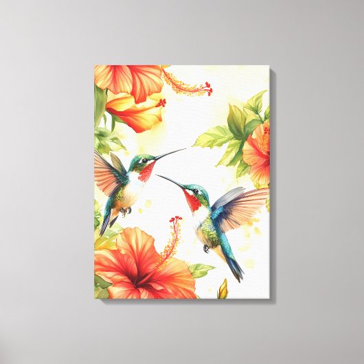 Waterverf kolibrie en bloemen ontwerp canvas afdruk (Voorkant)