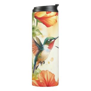 Waterverf kolibrie en bloemen ontwerp thermosbeker