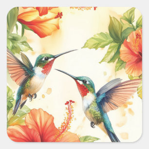 Waterverf kolibrie en bloemen ontwerp vierkante sticker