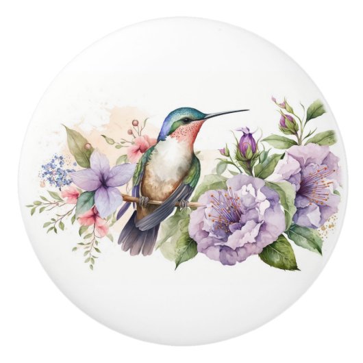 Waterverf kolibrie en paarse bloemen keramische knop (Voorkant)