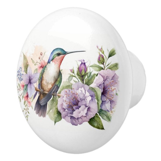 Waterverf kolibrie en paarse bloemen keramische knop (Rechts)