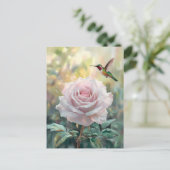 Waterverf kolibrie en roze roos briefkaart (Staand voorkant)