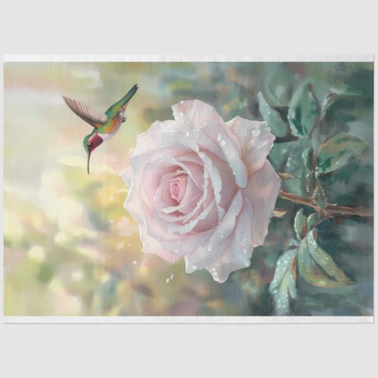 Waterverf kolibrie en roze roos decoupage tissuepapier (Voorkant)