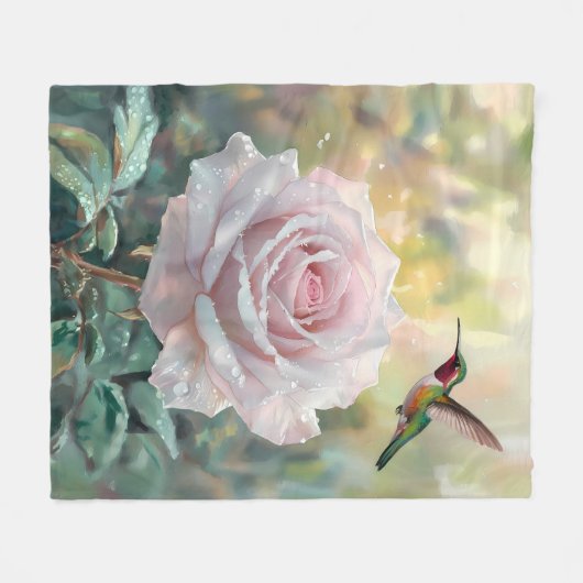 Waterverf kolibrie en roze roos fleece deken (Voorkant (Horizontaal))
