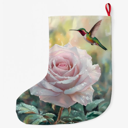 Waterverf kolibrie en roze roos grote kerstsok (Achterkant)