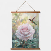 Waterverf kolibrie en roze roos hangend wandkleed (Voorkant)