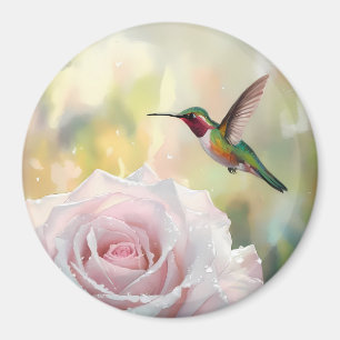 Waterverf kolibrie en roze roos magneet