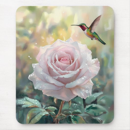 Waterverf kolibrie en roze roos muismat (Voorkant)
