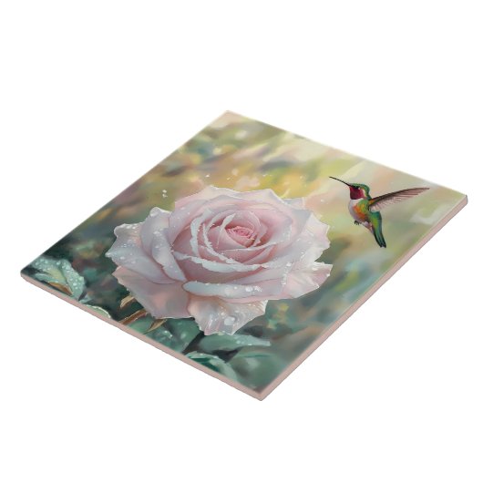 Waterverf kolibrie en roze roos tegeltje (Zijkant)