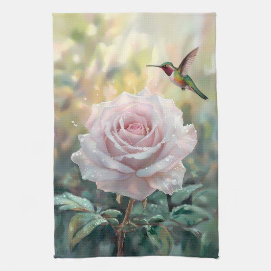 Waterverf kolibrie en roze roos theedoek (Verticaal)