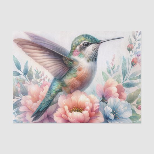 Waterverf Kolibrie Pastel Bloemen Tissuepapier (Voorkant)