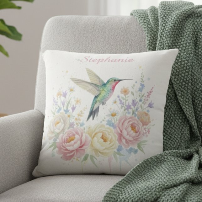 Waterverf Kolibrie Tuin Kussen (Watercolor floral hummingbird decorative pillow)