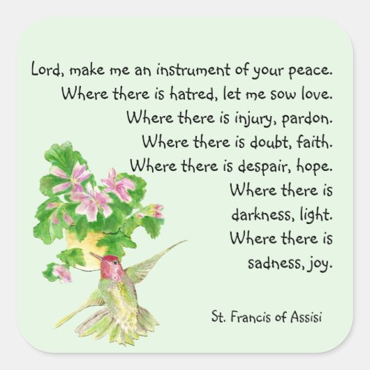 Waterverf kolibrie vogel St. Francis Prayer Vierkante Sticker (Voorkant)