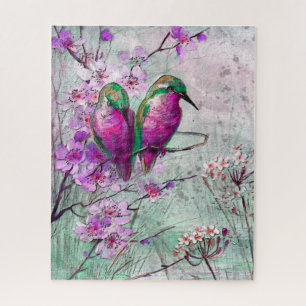 Waterverf kolibries met roze lentebloemen legpuzzel
