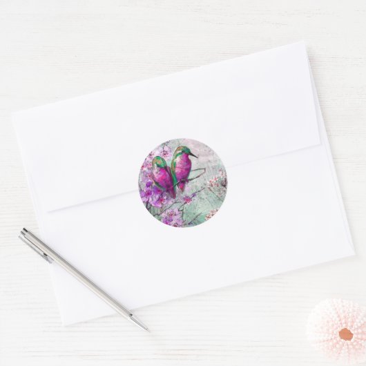 Waterverf kolibries met roze lentebloemen ronde sticker (Envelop)