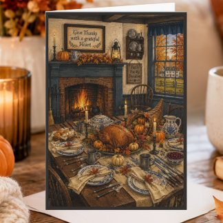Waterverf Koloniale Haard Gelukkig Thanksgiving Kaart