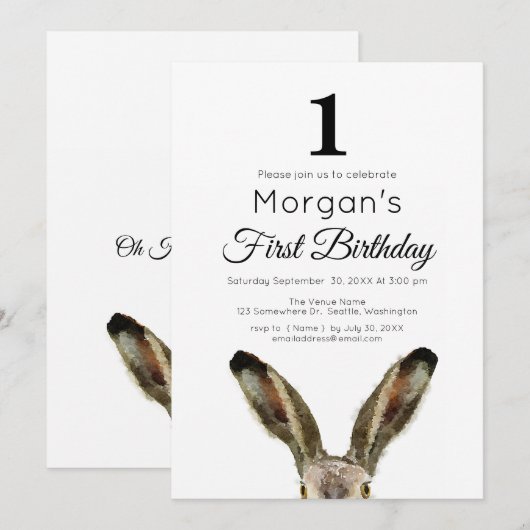 Waterverf konijn 1e verjaardag Uitnodiging (Voorkant / Achterkant)
