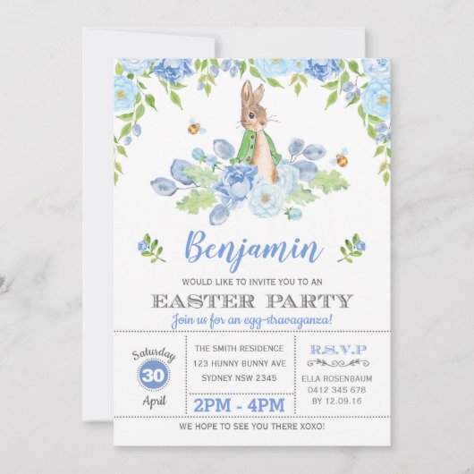Waterverf konijn Blauwe Floral Bunny Easter Kaart (Voorkant)