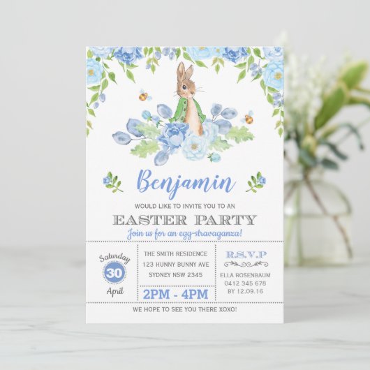 Waterverf konijn Blauwe Floral Bunny Easter Kaart (Staand voorkant)