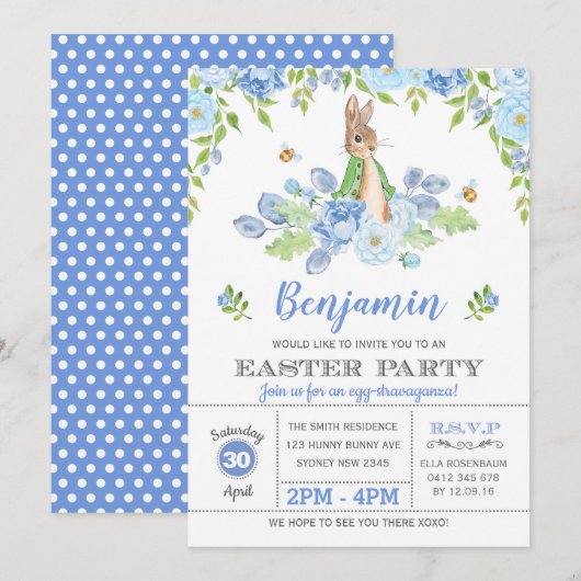 Waterverf konijn Blauwe Floral Bunny Easter Kaart (Voorkant / Achterkant)