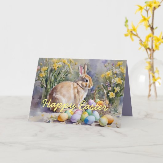 Waterverf Konijn en Eitjes Pasen Wenskaart Kaart (Gele Bloem)