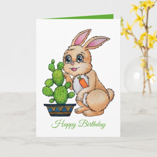 Waterverf konijn en leuke cactus kaart (Gele Bloem)