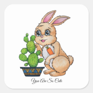 Waterverf konijn en leuke cactus vierkante sticker