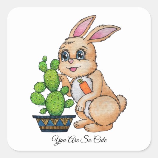 Waterverf konijn en leuke cactus vierkante sticker (Voorkant)