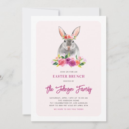 Waterverf Konijn en Paarse Bloemen Paasbrunch Kaart (Voorkant)