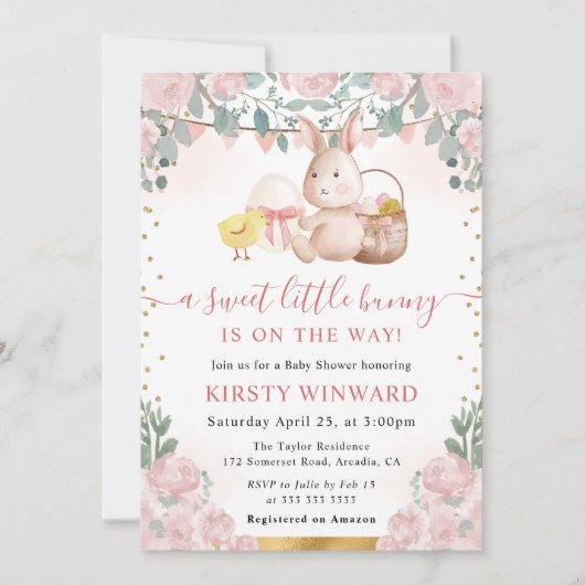 Waterverf Konijn en Roze Bloemen Baby shower Kaart (Voorkant)