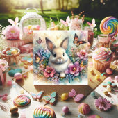 Waterverf konijn en vlinders bloemenPasen Feestdagenkaart