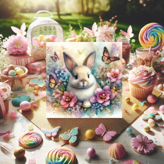 Waterverf konijn en vlinders bloemenPasen Feestdagenkaart