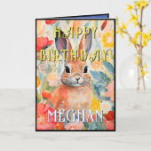  Waterverf konijn Happy Birthday Kaart (Gele Bloem)