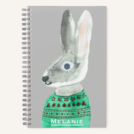 Waterverf konijn in Sweater Grey Personalized Notitieboek (Voorkant)
