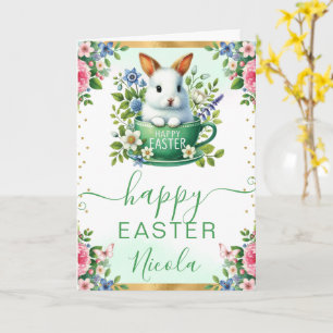 Waterverf Konijn Lente Bloemen Gelukkig Pasen Kaart