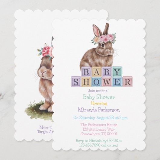 Waterverf konijn met Baby shower van de bloemkroon Kaart (Voorkant / Achterkant)