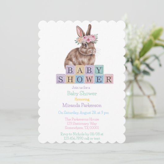 Waterverf konijn met Baby shower van de bloemkroon Kaart (Staand voorkant)