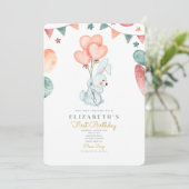 Waterverf Konijn-staartballonnen 1e verjaardag Kaart (Staand voorkant)