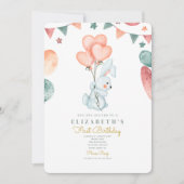 Waterverf Konijn-staartballonnen 1e verjaardag Kaart (Voorkant)